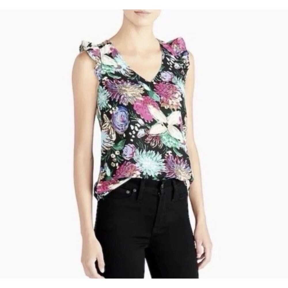 J. Crew Flutter Sleeve Floral Tank Ruffle Sleeveless Top Size 2 Regular Colorful